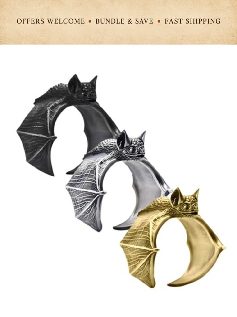Gothic Bat Knuckle Rings Set Stackable Open Band Punk Halloween Cosplay